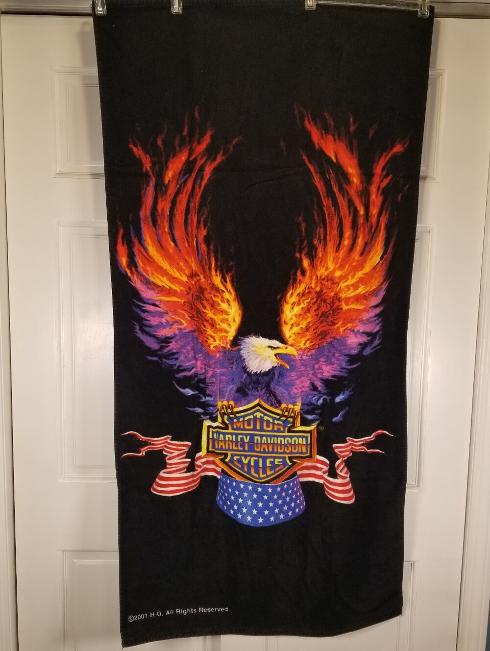 Vintage Y2K Harley Davidson Motorcycle Eagle Logo Beach Towel Flames USA Flag